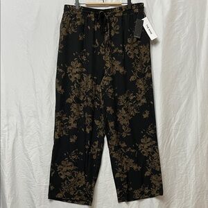 NWT ❤️ Rafaella Black & Brown Shimmer Floral Print Wide Leg Pants, Pockets, XL
